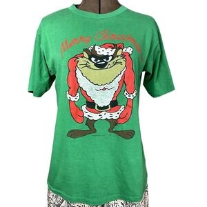 Vintage Christmas T-Shirt (M) 80s Single Stitch Looney Tunes Taz Devil Santa